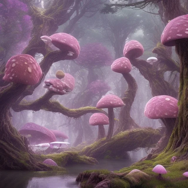 high-quality, fine-detail beautiful, breath-taking forest with gnarled trees, pink flowers and mushrooms, clear reflective lake, tranquil, stunning, 8k resolution, intricate, digital art, dreamworks, volumetric lighting unity engine