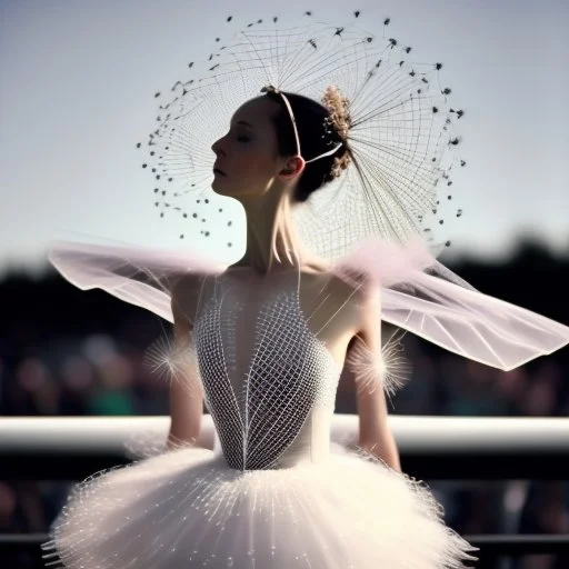 a ballerina seen from the side stands on tiptoe with one arm gracefully outstretched, in the other hand an umbrella of very fine mesh net, on the edge are mounted dandelion seed pods, tulle dress, on the edges are mounted dandelion seed pods, dandelion seed pods and loose seeds fly around her, some have fallen to the ground, faint soft peachy light in front of her that colors her dress and umbrella and dandelions peachy, background is dark blue, floor is blue