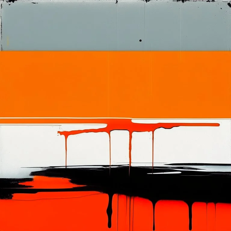 Melancholy Minimal abstract flat landscape painting. Rough brushstrokes and dripping paint. A single orange colour highlight with complimentary background colours. Use rule of thirds. Place the Horizon line at the top. Style of Justin Mortimer.Abstract empty landscape painting. Dripping paint. Rough. Minimal. Style of Justin Mortimer.