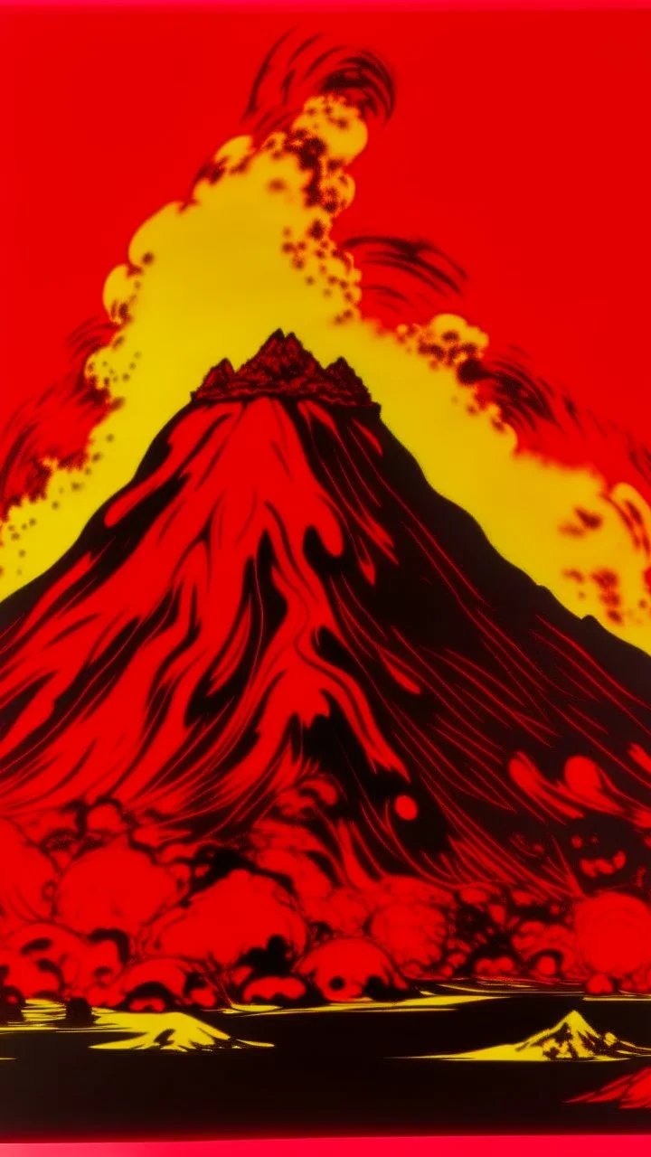 A dark red cinder volcano with chaotic fire painted by Andy Warhol