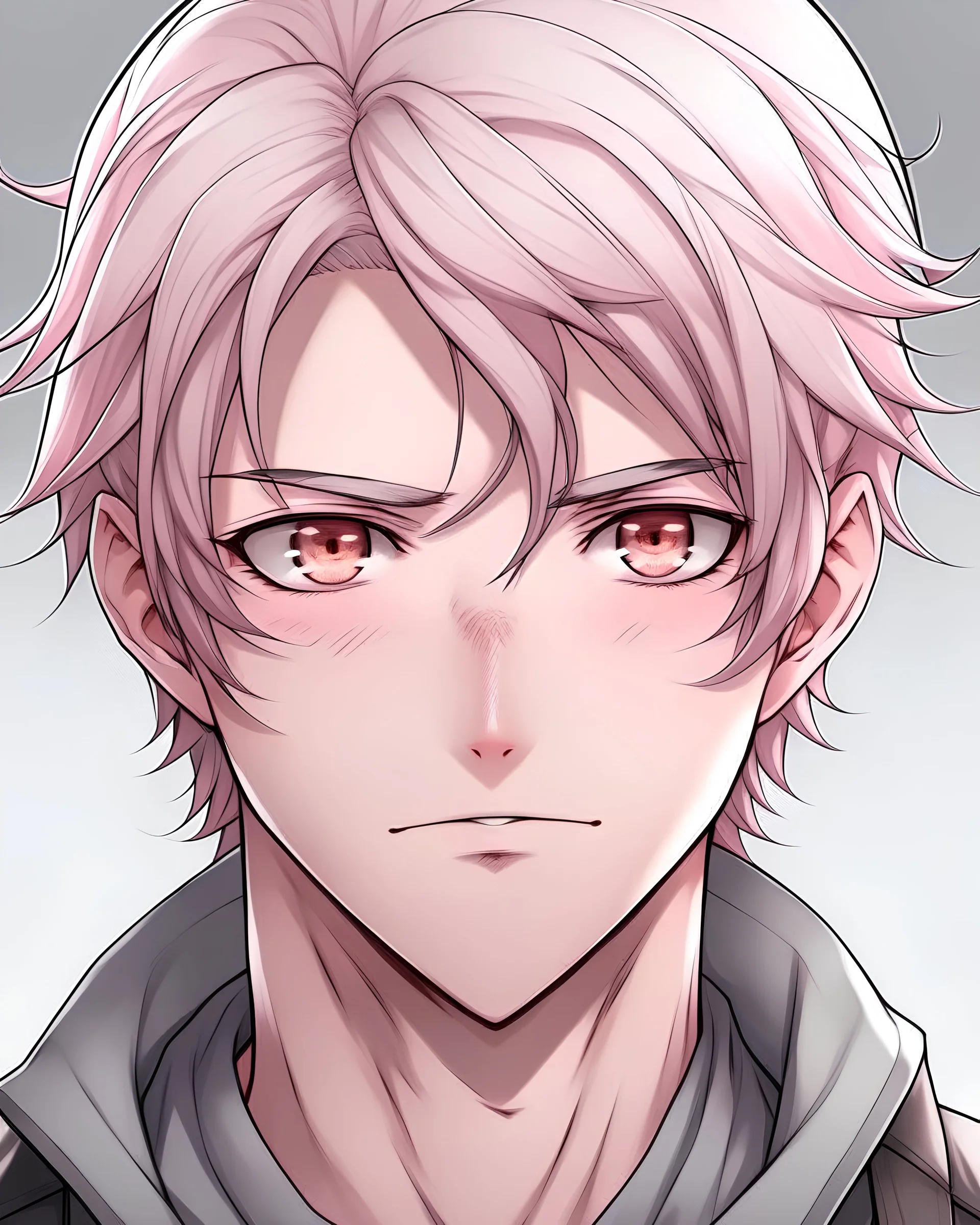 handsome young man with light pink hair and gray eyes, anime style, high quality image