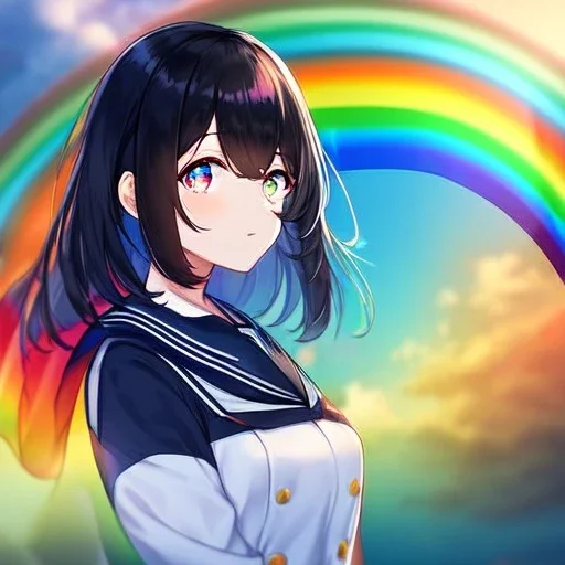 Clear Focus, High resolution, girl wearing a sailor uniform, rainbow eyes, medium hair length, black hair with a gradient of rainbow