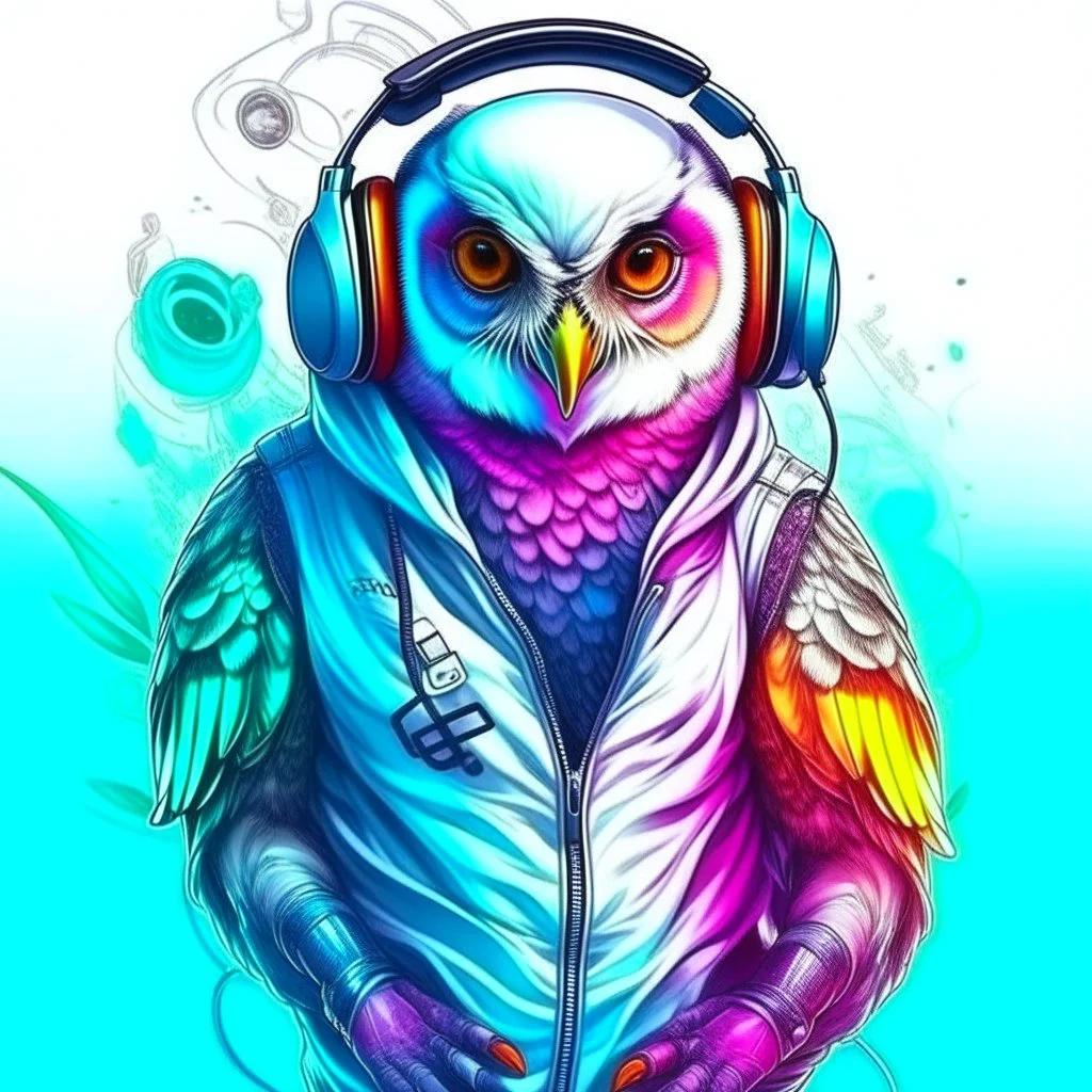 Illustrative sketch of a humanoid owl in music with headphones, full body, ultra quality, hyper detailed, graffiti, concept art, maximalism, 8k