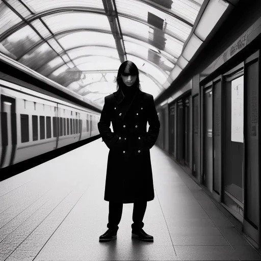 A young Asian man with long hair and a black trench coat waiting for a woman at a train station in Tokyo