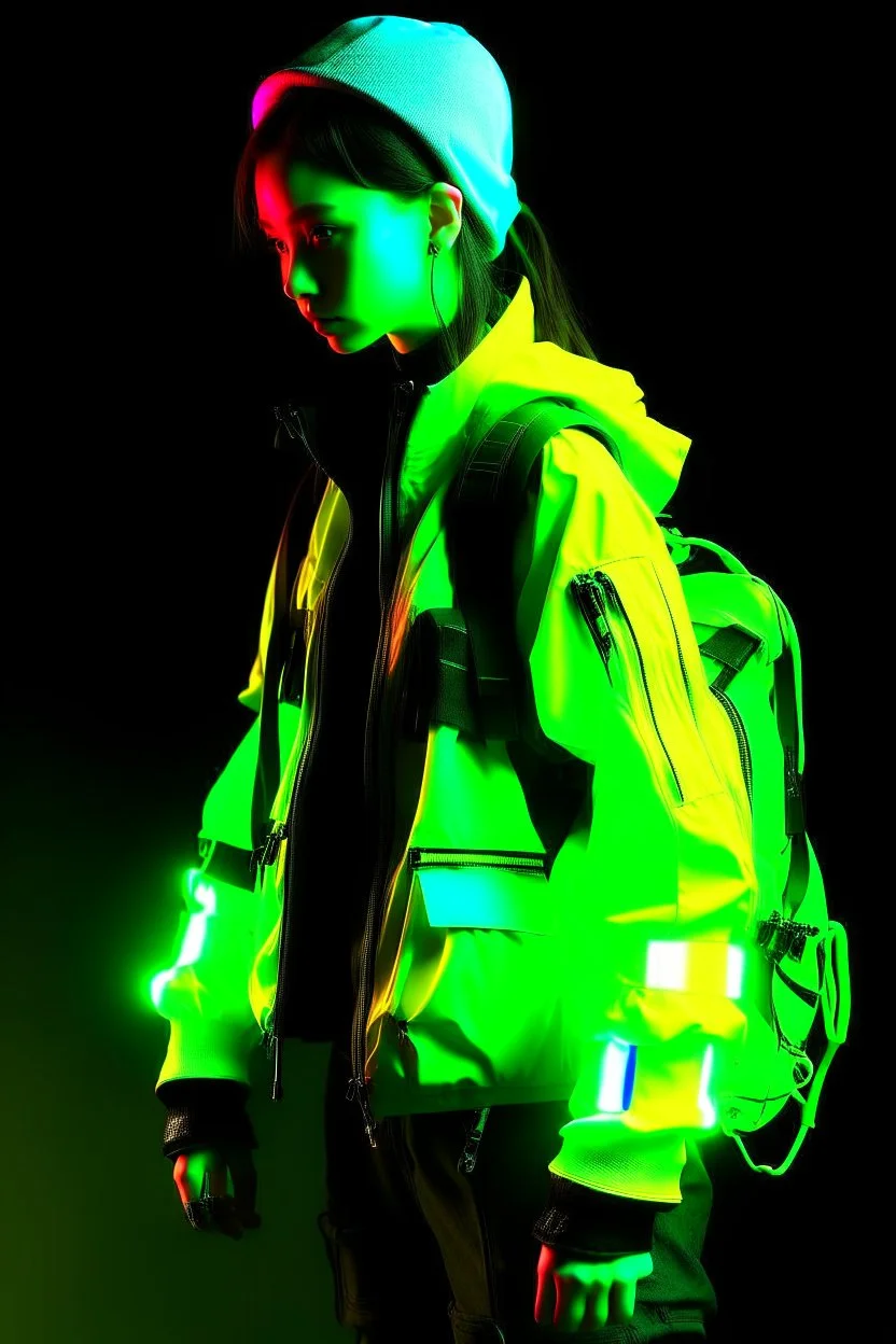 y2k, neon, fluo, cloth transparent, techwear, walkman, pop, blade runner