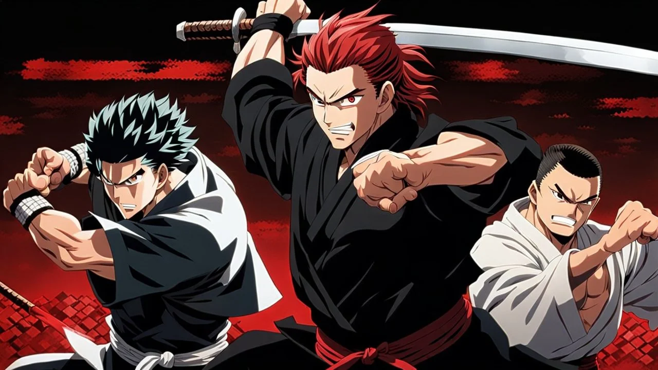 yujiro hanma vs yoriichi tsugukuni, baki vs kimetsu no yaiba, two mans standing in front of each other, a big strong man in black shirt with red hair and evil grin in martial art's stance with bare fists facing a smaller feminine swordsman with long hair and calm face reaching for his sword in traditional japanese clothes both preparing to fight each other