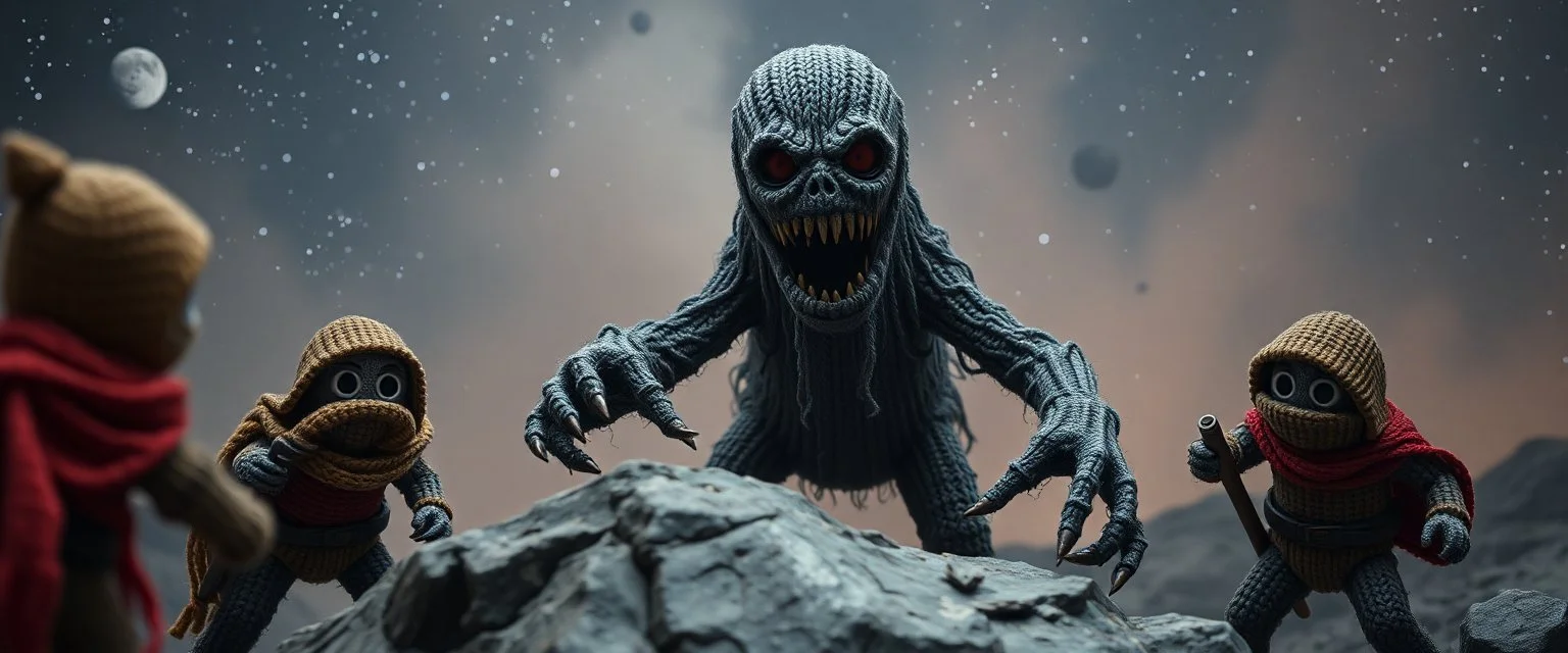horrible space mother Wight monster masked as a rock, scaring the knitted heroes