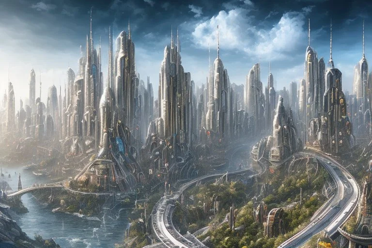 detailed alien cityscape, buildings with balconies, tracks, roads, paths, river, blue sky, white clouds