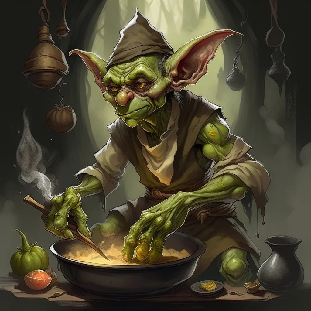 old fantasy illustration lone goblin cook