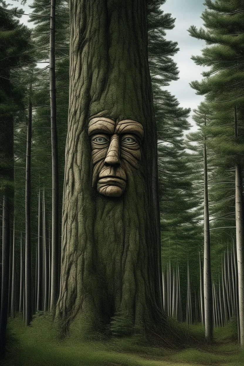 A tall pine tree with a human-like face IN A FOREST