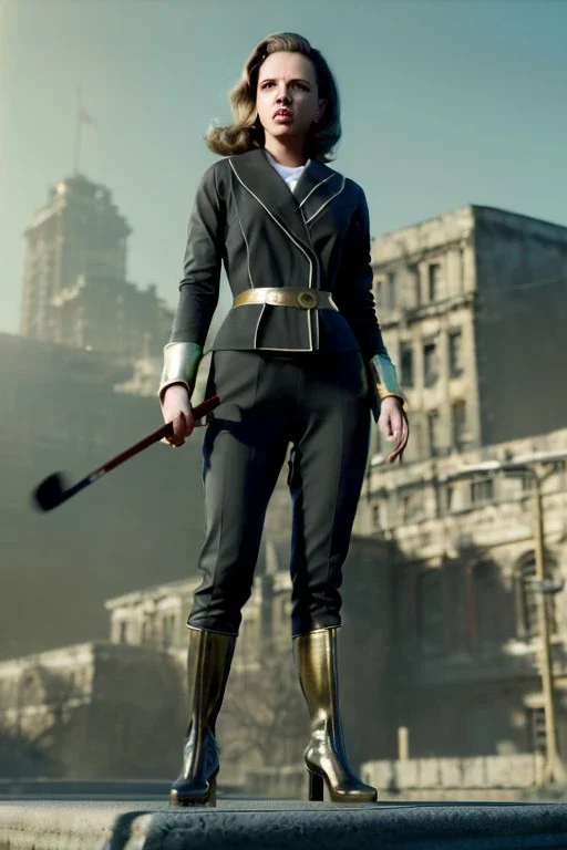 retro portrait image from 1960, city background, wind, long hair, fighting stance, young Scarlett Johansson, classic black tight lycra suit, metal stick weapon, gold bracelet and belt, high heel boots, soft color, highly detailed, unreal engine 5, ray tracing, RTX, lumen lighting, ultra detail, volumetric lighting, 3d, finely drawn, high definition, high resolution.