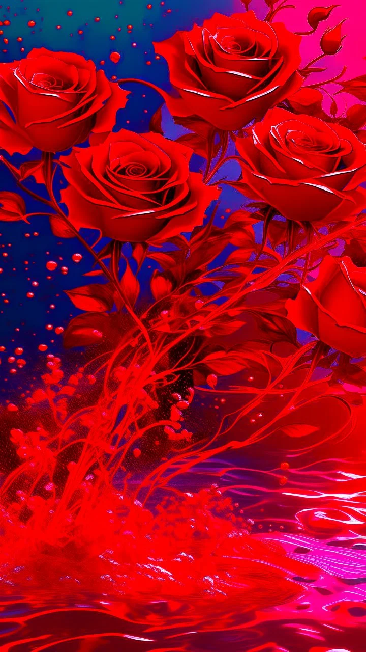 The image is a digital artwork that depicts a red branch of red tree of Red roses and red leaves tangling in to a water in the river with aThe rose floats on the surface of the water, creating a wave-like effect. The background is red , which makes a branch of a tree of red roses stand out even more. Water droplets are scattered adding to the dreamy, ethereal quality of the image.all leaves and background are black