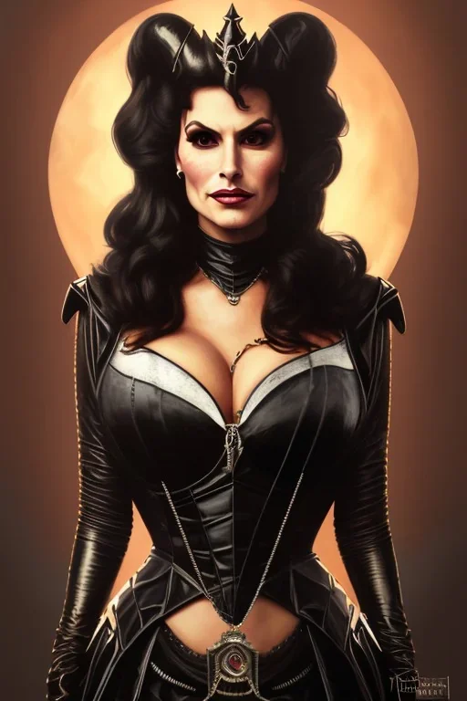 painting of lisa ann as evil queen in black leather, feminie, angry, stern look on her face, volouptous, busty, cleavage, emperious, mature, highly detailed, digital painting, artstation, concept art, smooth, sharp focus, illustration, art by gaston bussiere and alphonse mucha