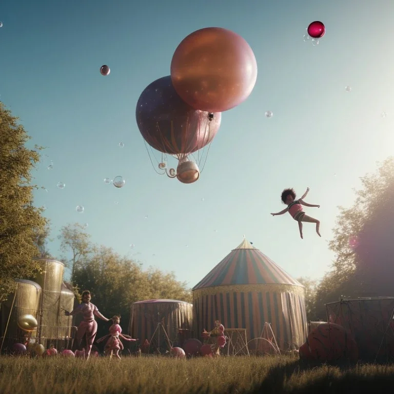 Ultra realistic circus scene. Sweet big hair monster flying. Child’s playing, strong man, smile, happy, color bubbles, smooth color, waist up view, Wes Anderson style, dark ambient, highly detailed, concept art, unreal engine 5, god rays, ray tracing, RTX, lumen lighting, ultra detail, volumetric lighting, 3d, finely drawn, high definition, high resolution.