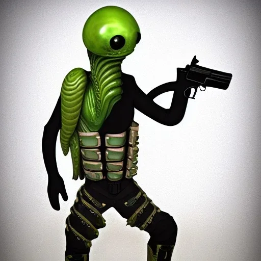 Alien, snake, metaljellyfishsombrero, vest, hands, holding gun, holster, steel military boots, squishy, chest plate, Mars