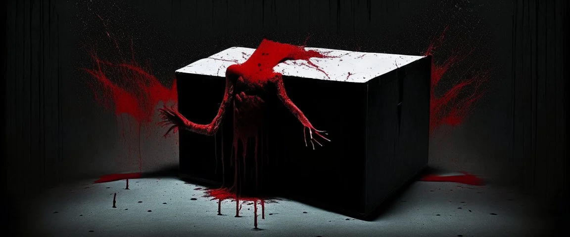 a faceless creature covered in blood holding up an empty black box