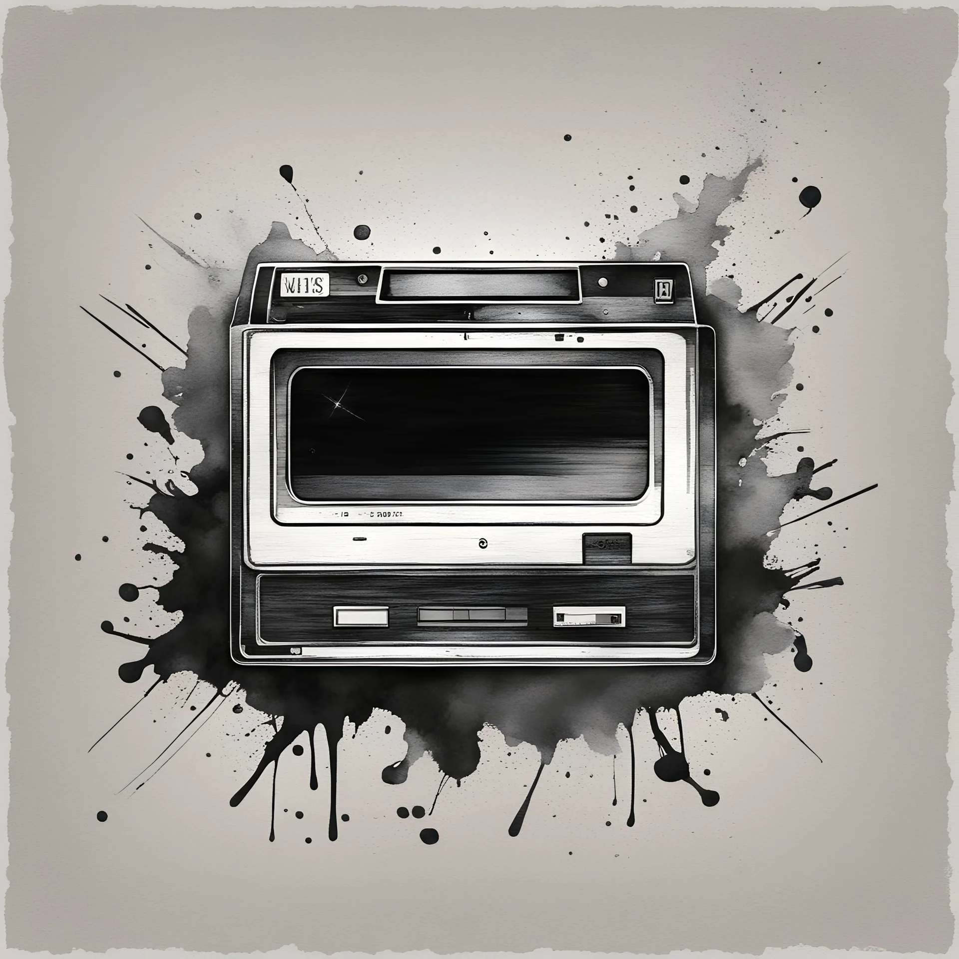 Generate a nostalgic image of an 80s-style video cassette with a touch of monochrome watercolor charm. Capture the essence of vintage technology in a black and white artwork that evokes the era of analog memories.