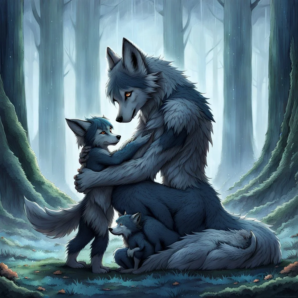 fantasy anime art from an gray bodyhair wolf female anthropomorphic wolf female hibrid kneeling hugs her two anthropomorphic wolf-kid hibrid child on field, in background tall trees wirh big trunks, rain, down on blue-green moss, hug each other , rainy day, high contrast, high detalied, atmospheric, fantasy, sci-fi mood