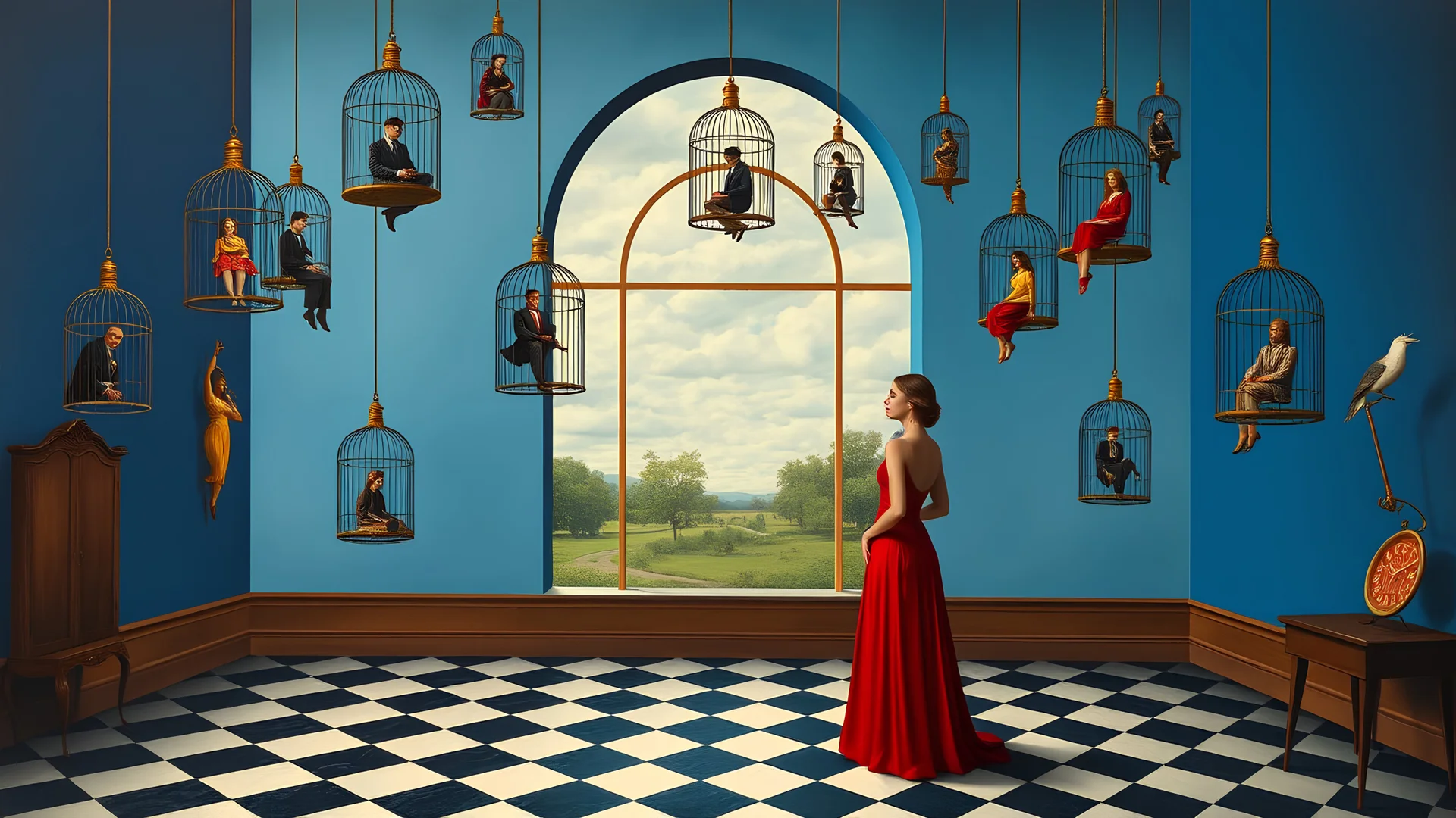 Surrealist painting featuring a woman in a long red dress standing on a checkered floor in a large, blue-walled room. The room has a large arched window in the center, through which a serene landscape with trees and a cloudy sky is visible. Surrounding the woman are multiple birdcages hanging from the ceiling, each containing a different person in various poses. The people in the cages are dressed in different styles of clothing, and the cages vary in size and design. The room also features a wh