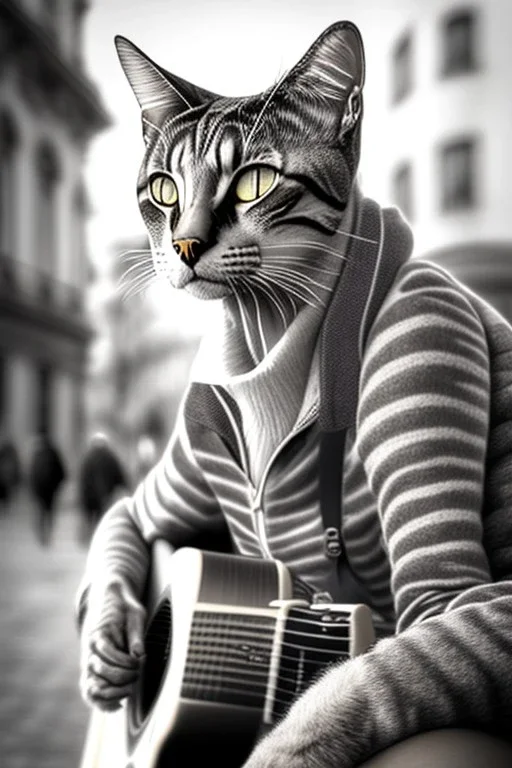 One single mature street cat, friendly, playing guitar, vienna, sunny day, perfect iris, model style, hyper realistic, extremely accurate, delicate, extremely detailed, Graphic novel style, colours, wide-angle, open aperture, superfine pencil