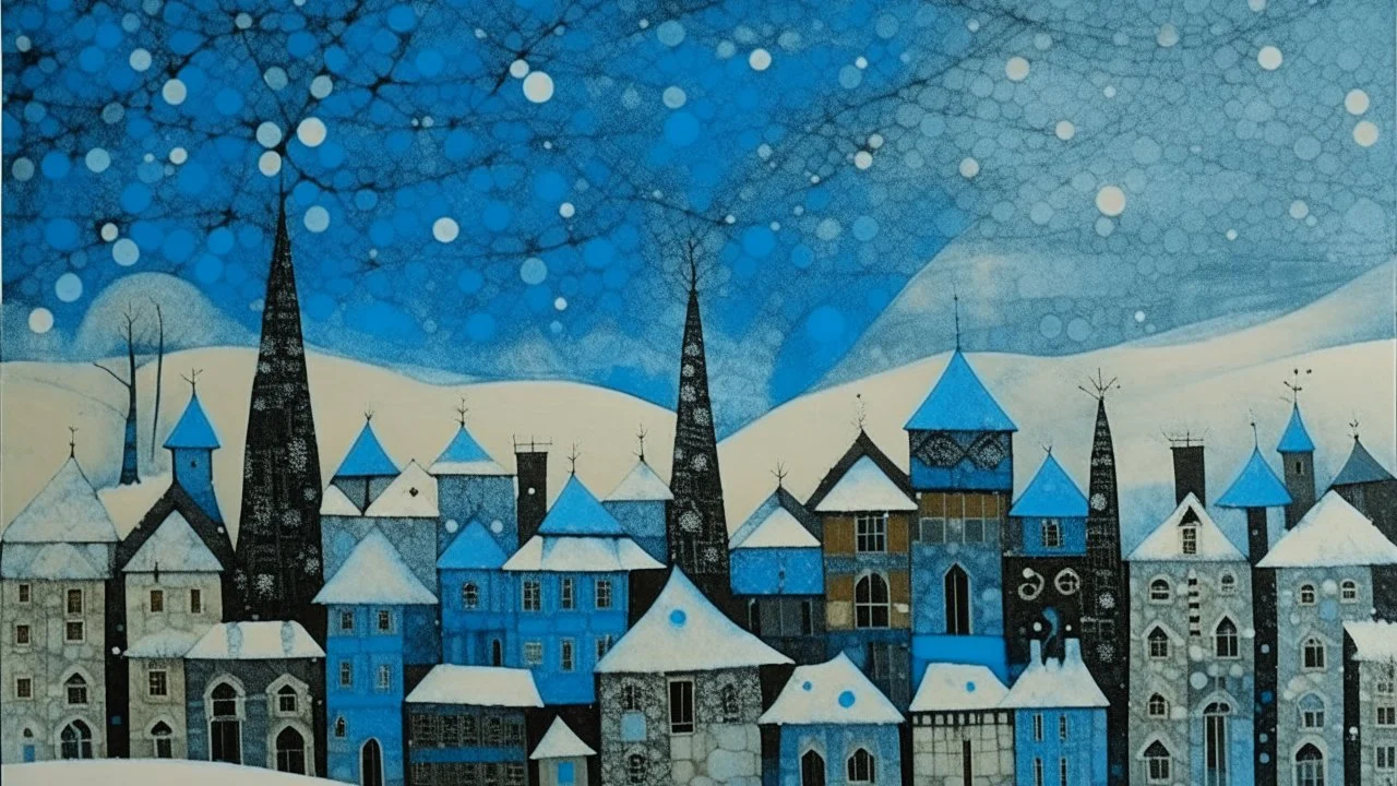A cyan city in winter season with falling snowflakes designed in African pottery painted by Paul Klee