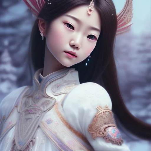 smooth hyper realistic, beautiful smiled Japanese goddess, pale colors, dark cosmos background, cat еye, extremely sharp detail, finely tuned detail, ultra high definition, 8 k, unreal engine 5, ultra sharp focus, accurate sword wings, positive smile, lot of details, fit within portrait, Ambiance winter, perfect composition, perfect hair, perfect hands, finger up gestures