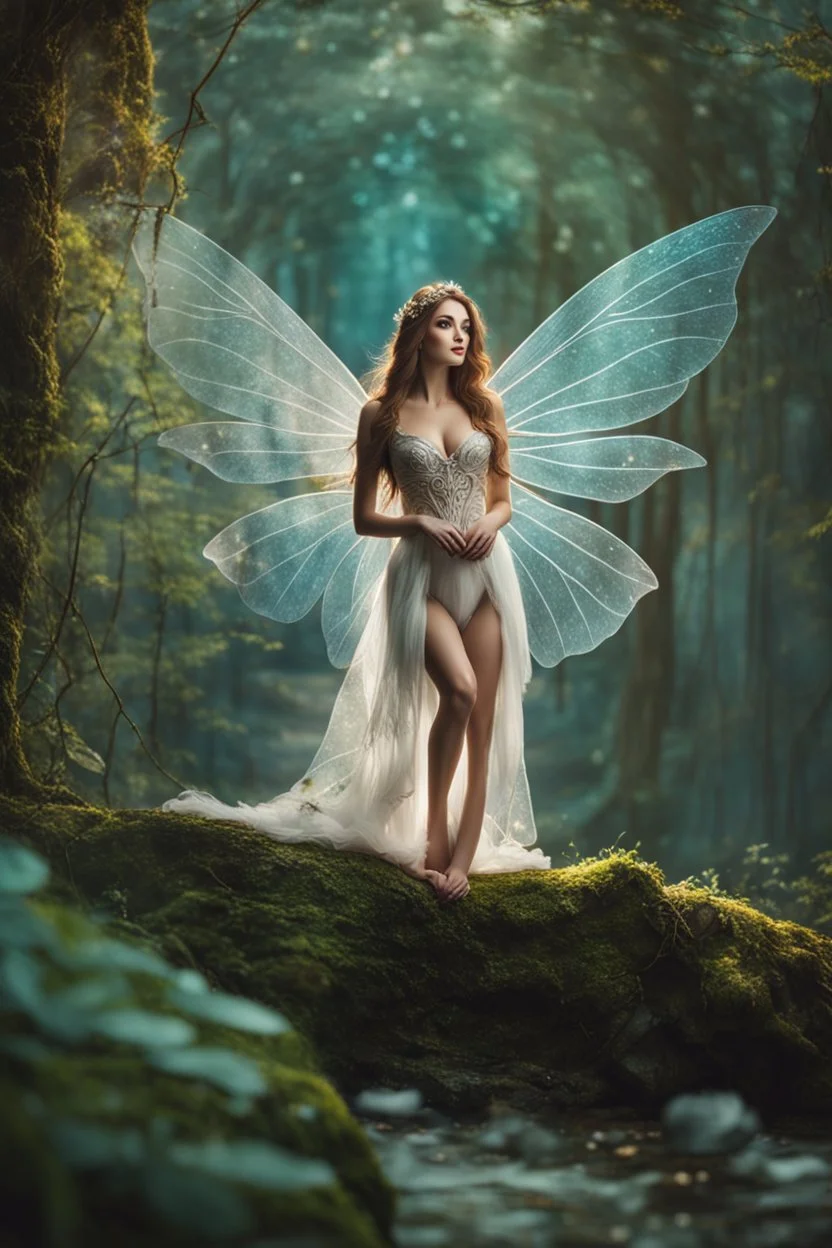 Photography Beautiful Lady fairy with wings straddle,background wonderland, panoramic shot ,portrait, epic fantasy