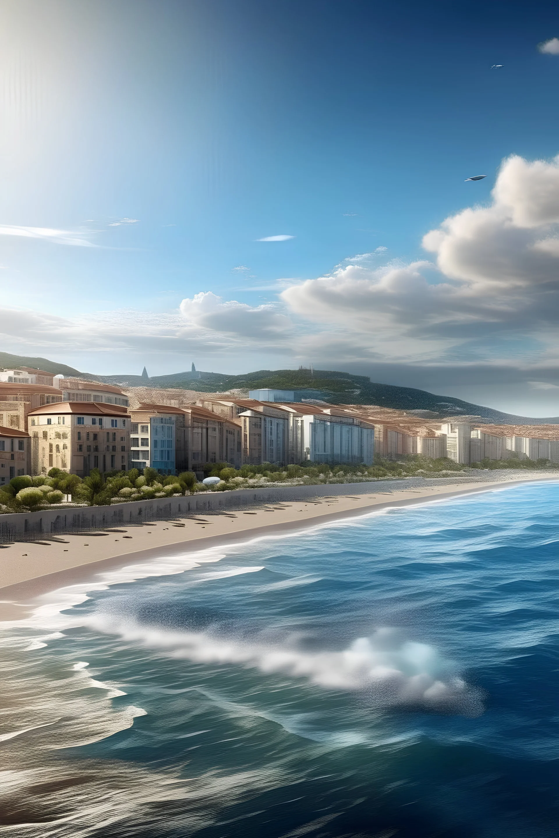 view of the town of Nice in France, from the see, as it could be in the year 2100, photo realistic