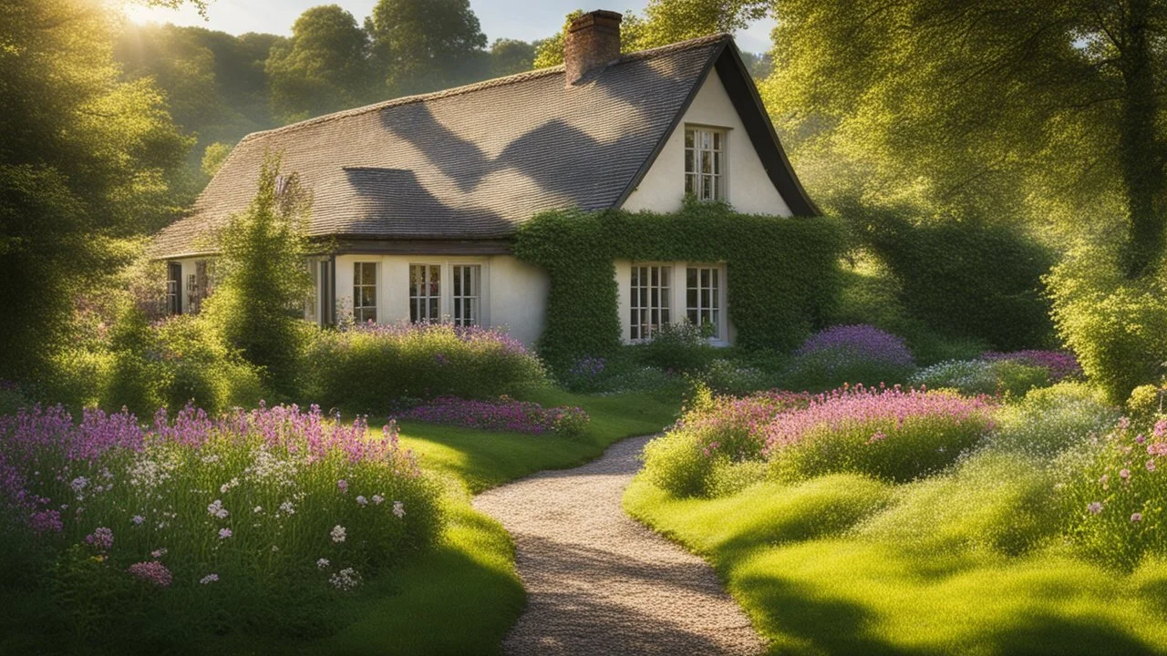 Beautiful realistic rural landscape, warm sunshine, lush plant growth, flowers, brook, peaceful, delightful, idyllic, symmetrical cottage, award-winning photograph, detail, beautiful composition, attractive colour, chiaroscuro, rule of thirds