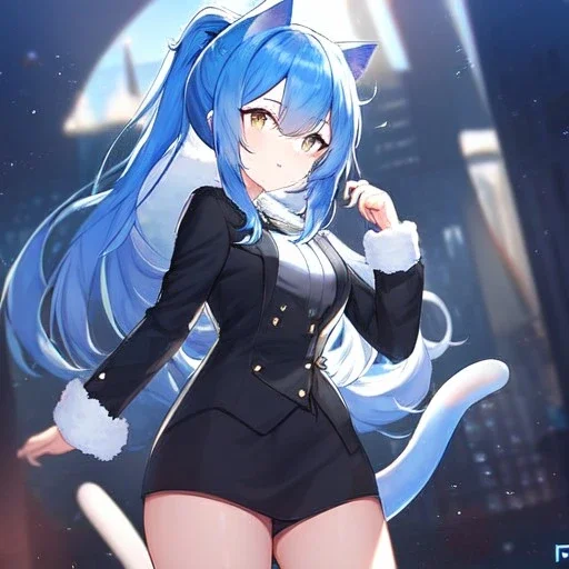 Clear Focus, High resolution, wearing a black suit uniform, fluffy hair and a long ponytail, blue hair, cat ears, wearing a short skirt