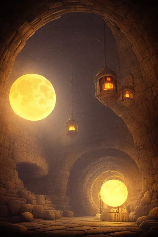 abstract, Moon like lamp in a dwarven mine underground, dungeon