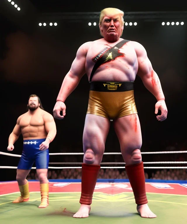 Photo realistic, Wrestler Donald trump, wrestling, American shot, sweat, blood, red breeches, suspenders, retro style, 80s, hot ambient, photo studio, vibrant color, gradient, highly detailed, art stations, concept art, smooth, unreal engine 5, god rays, ray tracing, RTX, lumen lighting, ultra detail, volumetric lighting, 3d, finely drawn, high definition, high resolution.