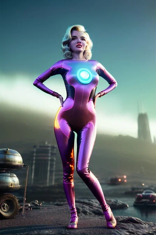 Realistic movie image, retro sci-fi, portrait, blonde action woman, sweet Marylin Monroe face, perfect iris, glow eyes. tight latex tights suit. Retro Futuristic city, cars flying. epic style, vibrant color, highly detailed, unreal engine 5, ray tracing, RTX, lumen lighting, ultra detail, volumetric lighting, 3d, finely drawn, high definition, high resolution.