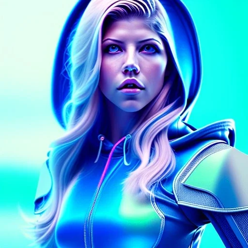 Katheryn Winnick, hoodie, retro futuristic, leather dress, gradient color, BLUE, PINK, CYAN, neon, insanely detailed, 16k resolution, perfect eyes, cinematic smooth, intricate detail