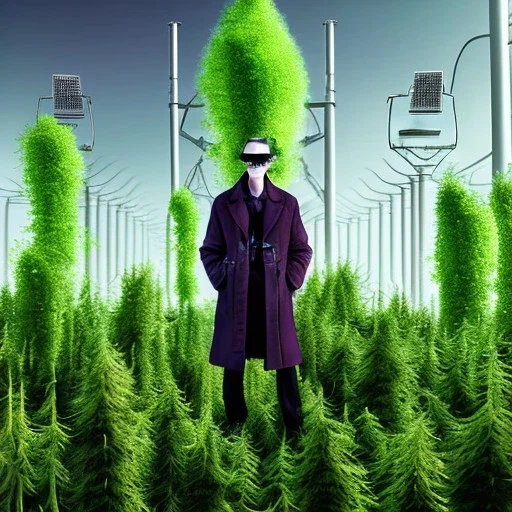 portrait of mad scientist in coat standing by cell towers overgrown with plants, spray paint art, movie poster