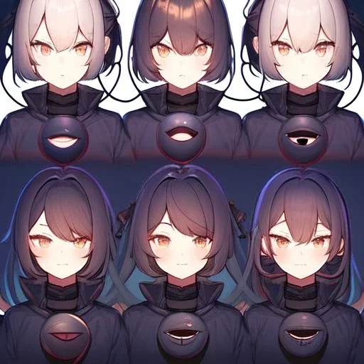  three identical triplets, one face is expressing joy, second face is expressing sadness, third face is expressing anger.