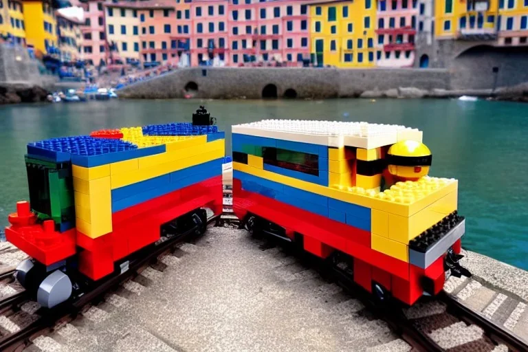 Lego close up Train in lego riomaggiore italy sea town lego