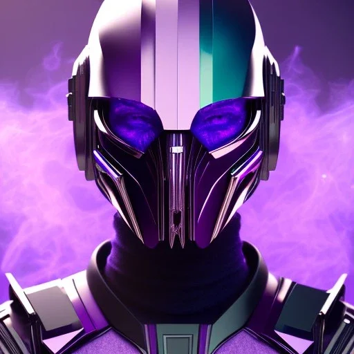 futuristic purple masked villain in galaxy, teal and purple smoke, detailed, realistic, 4k