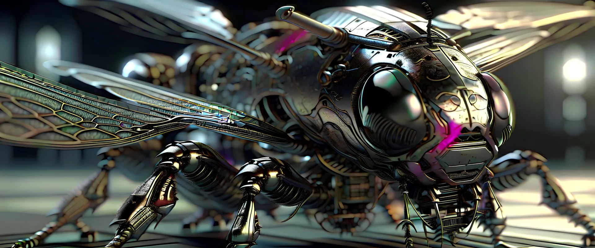 housefly fighter-jet hybrid biomechanical surrealism national geographic style digtital photograph, 8k 3d, high detail, meticulous, photorealisic, vray, unrealengine. retrofuturistic, black and silver in color with all glass resembling compound eyes