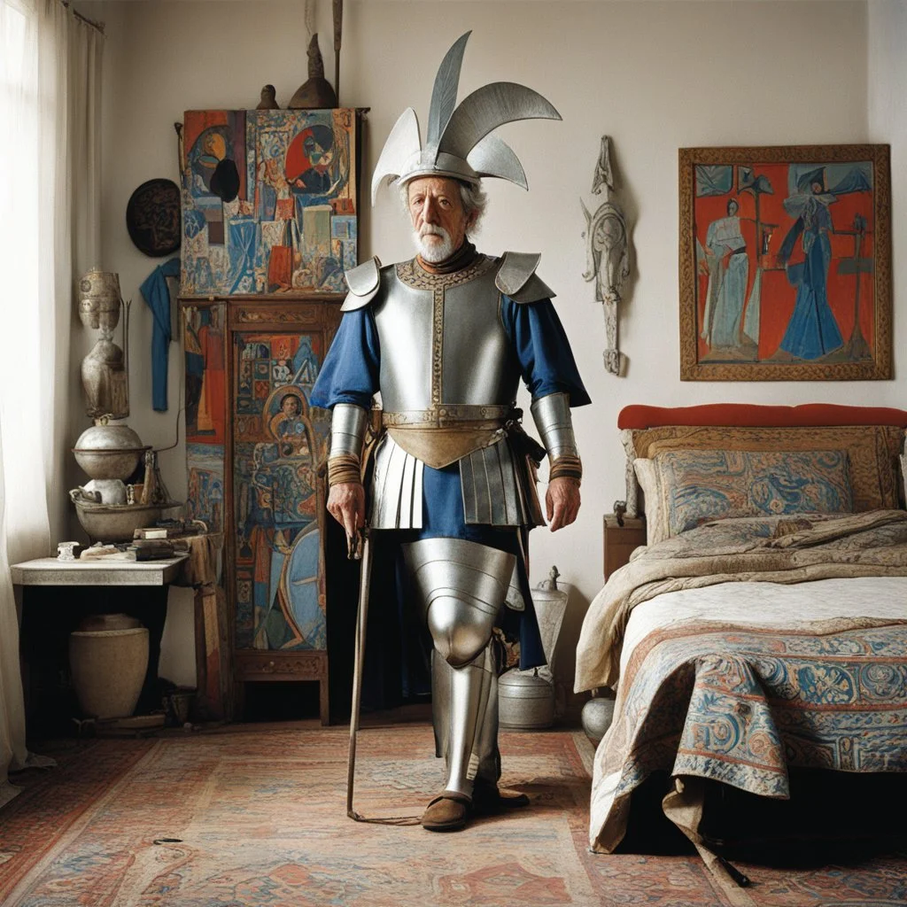jean Rochefort standing in his bedroom as the don quixote of pablo picasso: he is foutraque, in half silver armour, a painted kabyle pot on his head, sandals on his feet, executing a sally walk