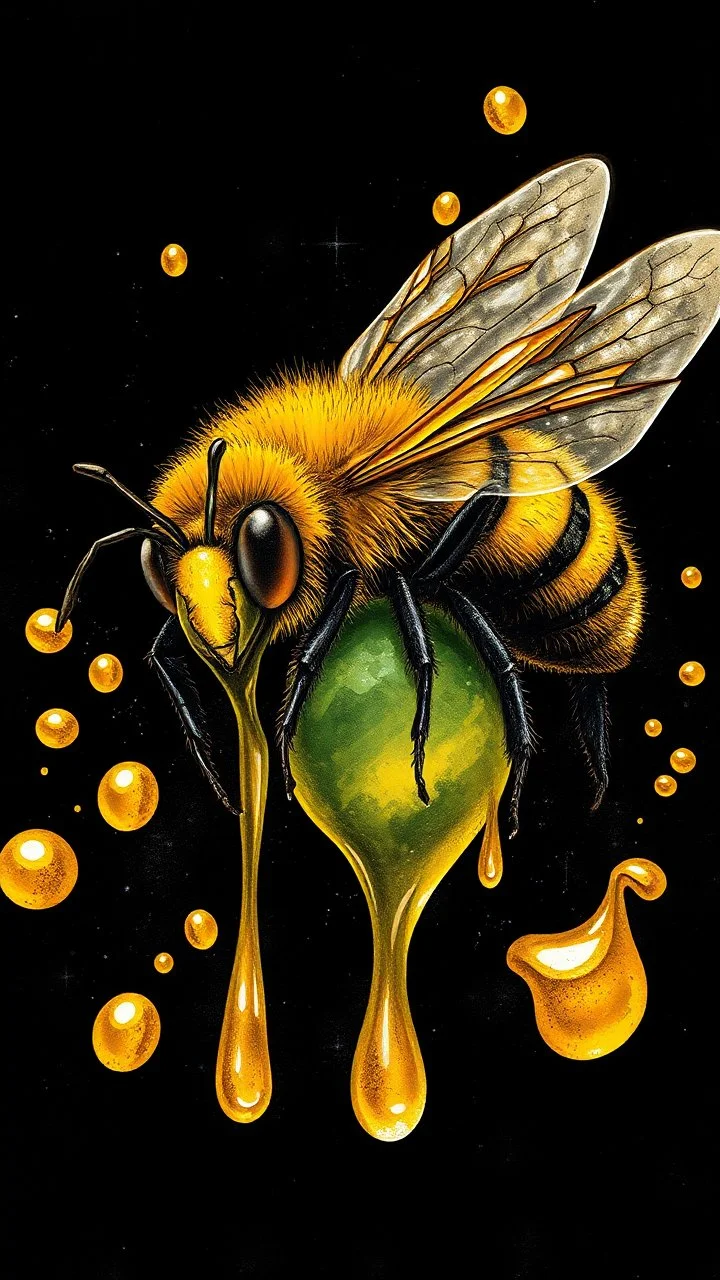 A Bee art illustration in the style of Luis Royo, large droplets of viscous and syrupy fluid, burnished jade, planet earth in crystal shape in an ice cream con golden yellow, ink black