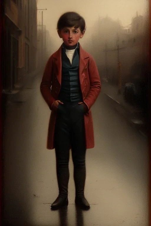 photorealistic oil painting of boy in 1820, standing on a street corner, dimly lit, foggy morning