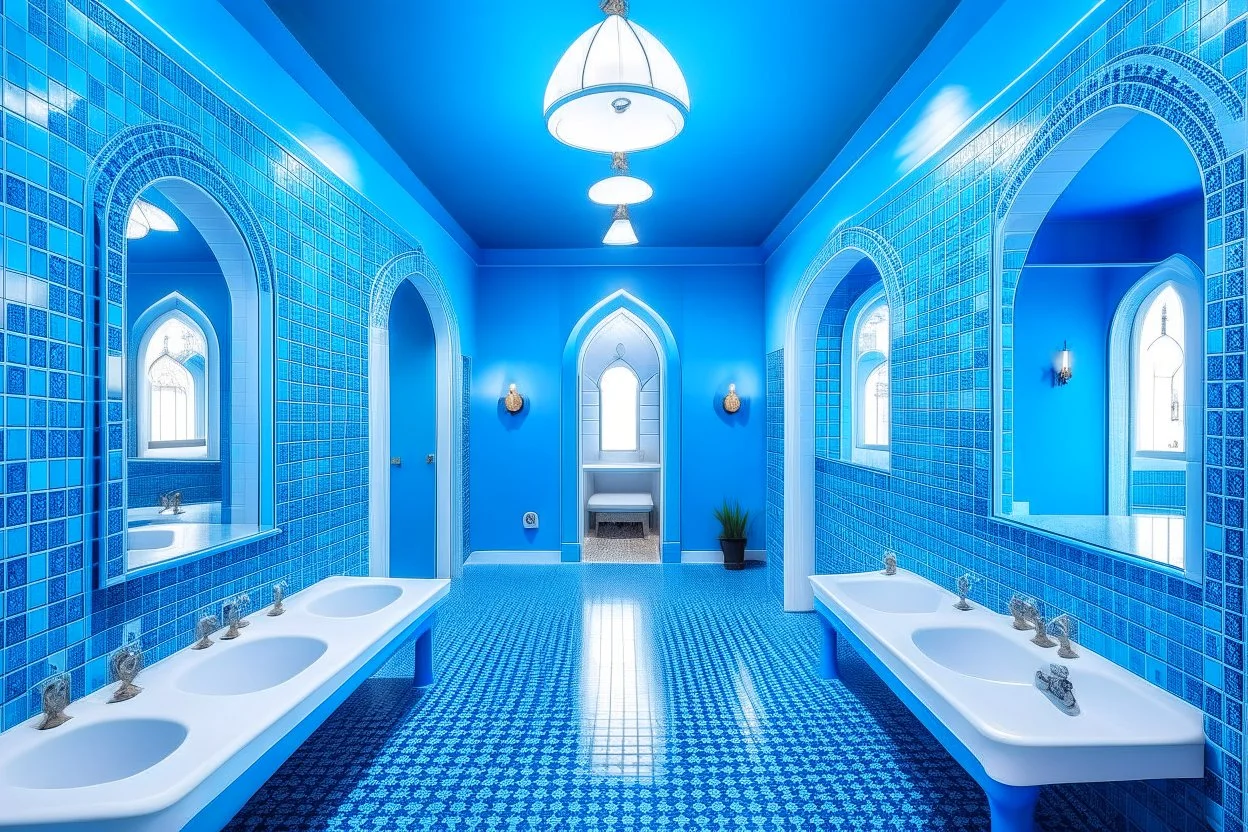 Pictures of a group of bathrooms in Mathaf Restaurant. The walls and floors are colored in shades of blue and white