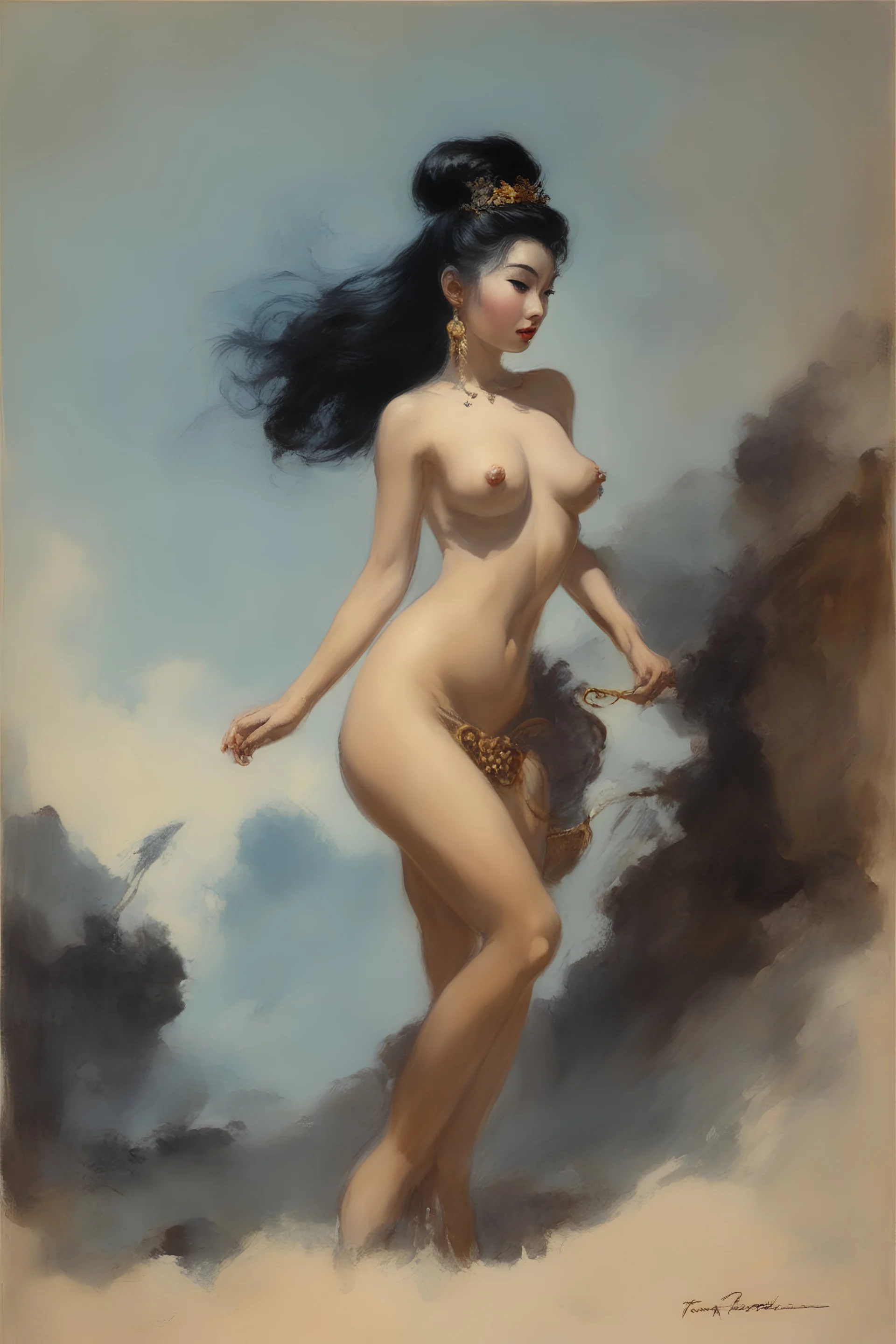 a mixture of ChineseJapaneseKoreanFilipinoThai, prostitute, oil painting by Frank Frazetta