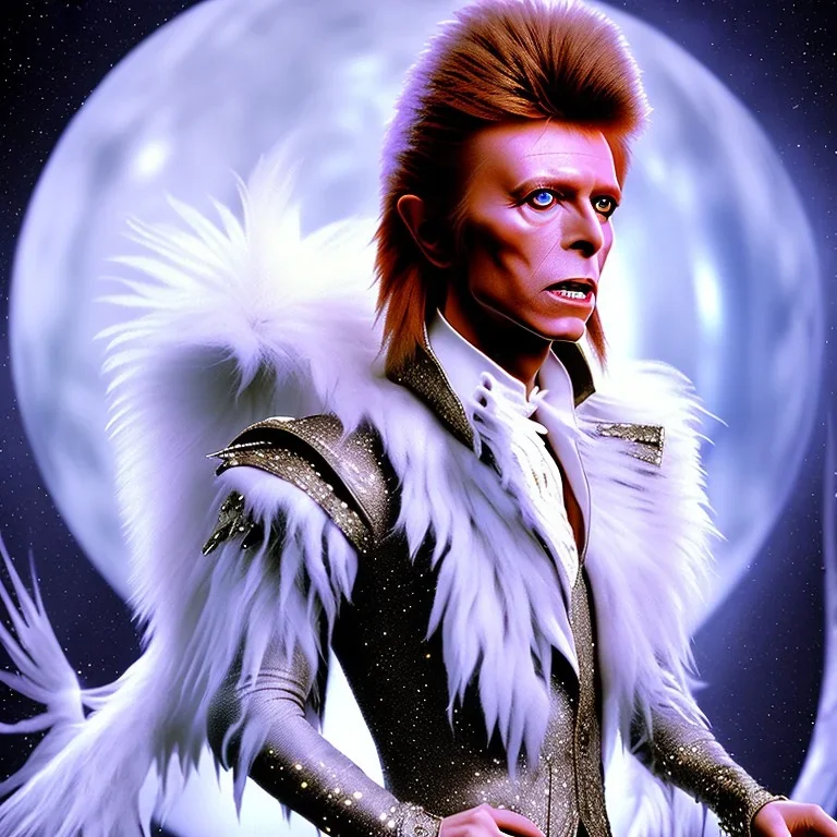 David bowie full body, white snow owl feathery jacket, fancy 1700's time period clothes, Jim Henson's The Labyrinth, Jareth the goblin king, crystal balls in hand, wearing spandex grey leggings, huge crotch bulge, labyrinth illusion, floating broken stairs in background, floating broken earth in background, anatomically correct, 8k hyper realistic,80's vibe, complex background