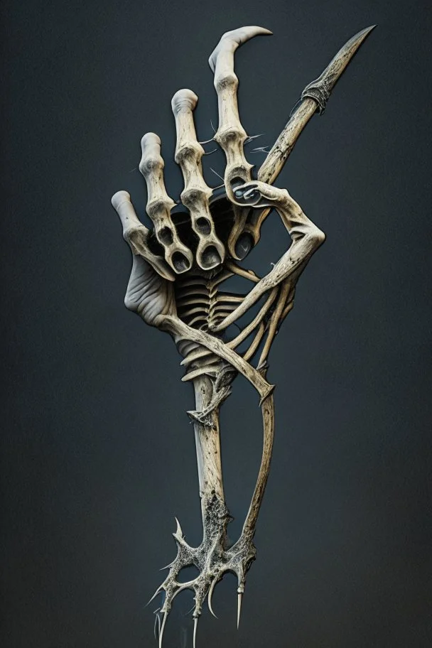 A skeletal hand, gripping a scythe