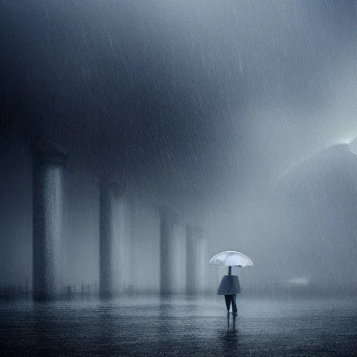 A princess standing in wait. Heavy cold rain. Thunderstorm. An engineer looking up. Futuristic scenary. Gray mist.