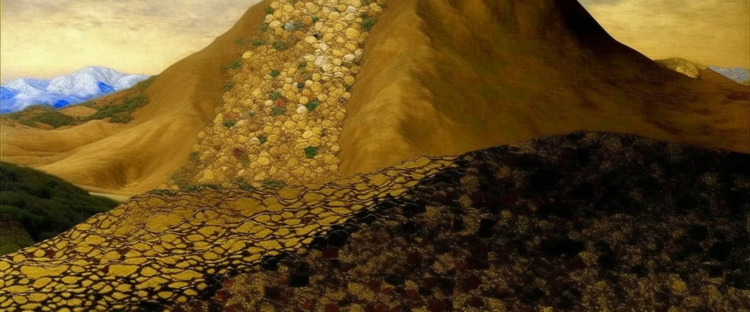A brown mountain covered in sand painted by Gustav Klimt