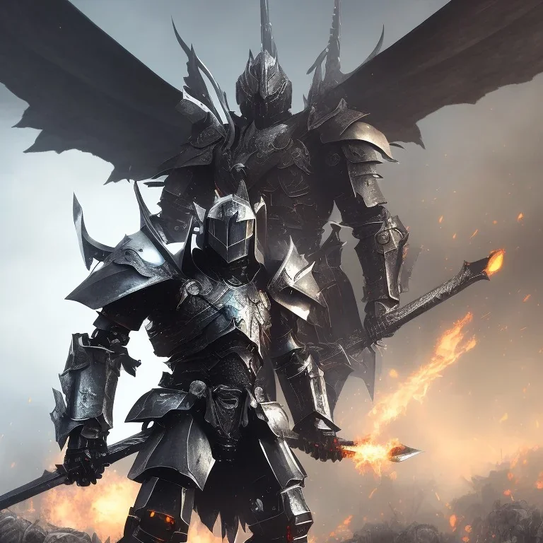 Human male Winged Warrior Knight in black metal mech armor wielding two giant swords ready to fight, rage, sorrow, symetrical, centered, high definition, ultra 8K, volumetric lighting, blue fire, fog, extremely detailed, hyper realistic