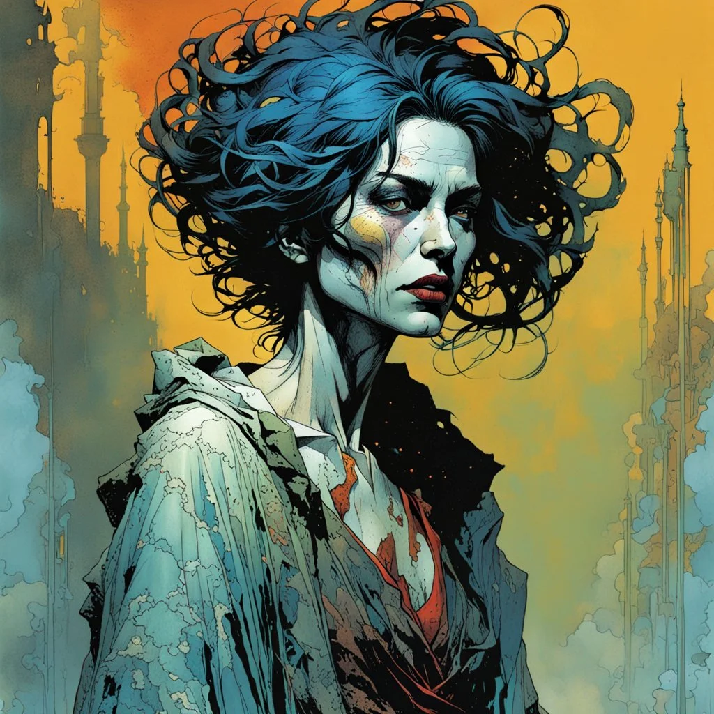 create a wildly imaginative full body portrait of an ethereal, otherworldly , gnarled and emaciated ancient antediluvian female vampire sorceress with extremely short hair in ragged and decayed ornate robes , in the comic book art style of Bill Sienkiewicz, Mike Mignola, and Jean Giraud Moebius, with highly detailed feminine facial features , finely drawn, colored and inked,